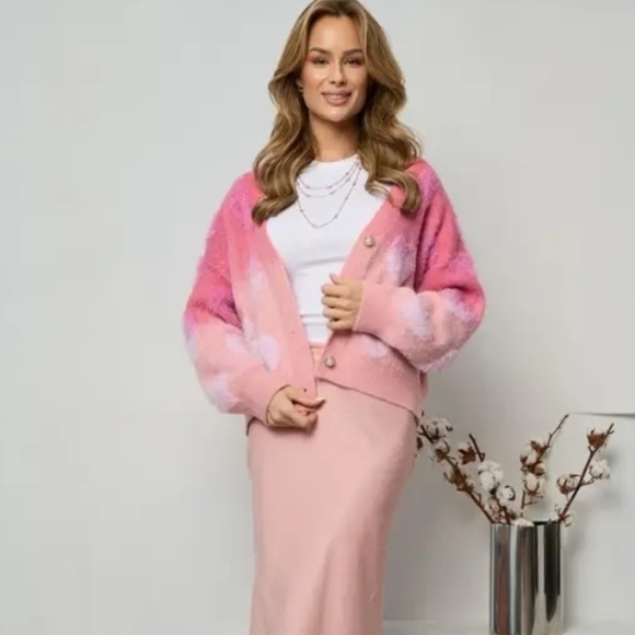 SAACHI Soft Pink Heart Ombre Sparkle Cardigan Size OS #Valentines Day NWT$220 - Picture 5 of 14